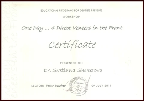 Сертификат: „One Day … 4 Direct Veneers in the Front“
